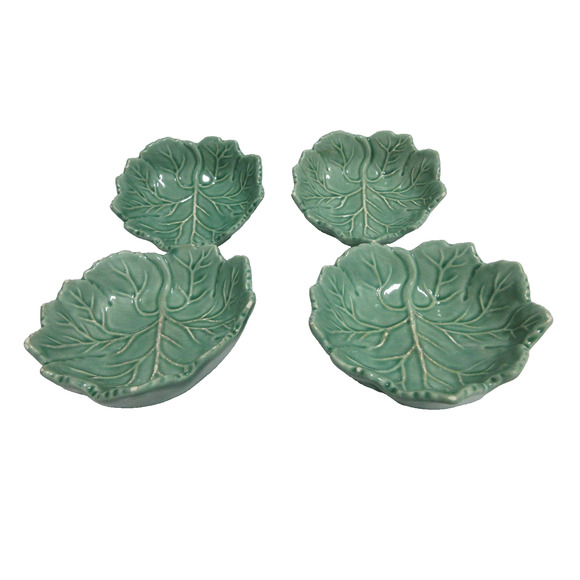 4 Ceramic Glazed Cabbage Leaf Condiment Bowls Jadite Green Made in Portugal - Picture 1 of 4